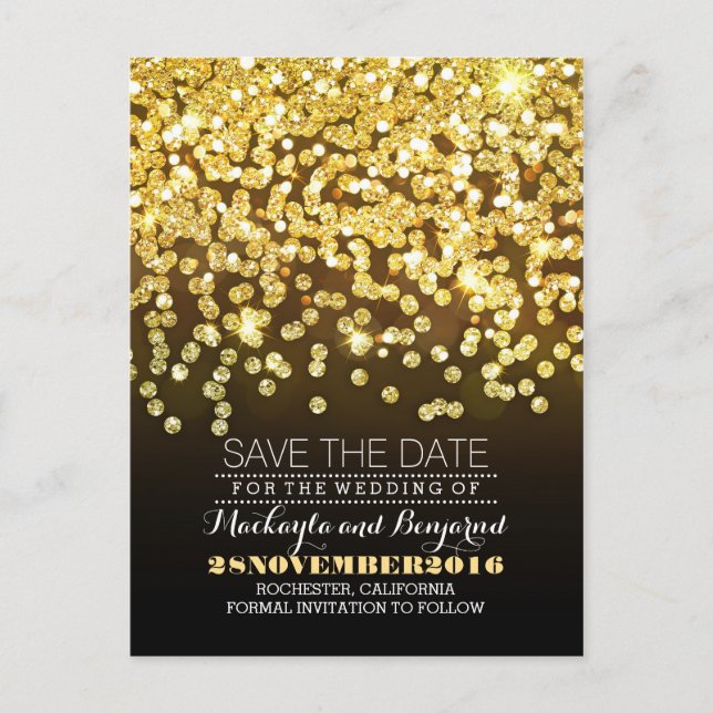 Gold glitter string of lights glitz save the date announcement postcard (Front)