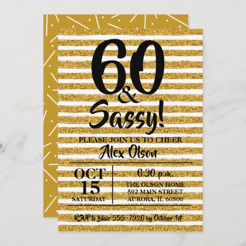 Gold Glitter Stripe60th Birthday Party Invitations