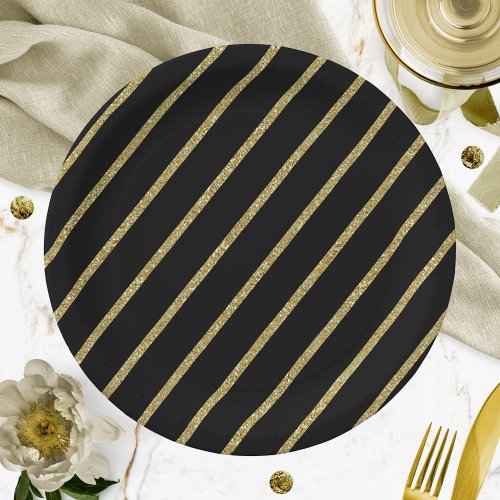 Gold Glitter Stripe Pattern On Black Paper Plates