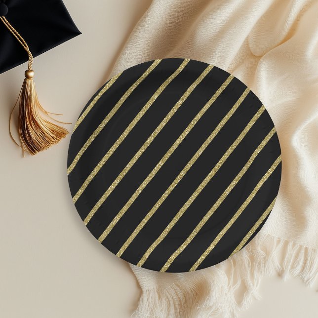 Gold Glitter Stripe Pattern On Black Paper Plates (Creator Uploaded)