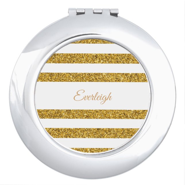  Gold Glitter Striped Monogram Compact Com Compact Mirror (Front)