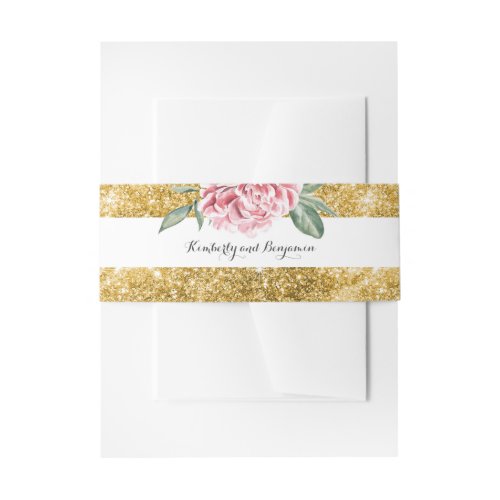 Gold Glitter Stripes and Pink Flower White Wedding Invitation Belly Band