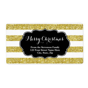 Gold Glitter Stripes Christmas Address Label