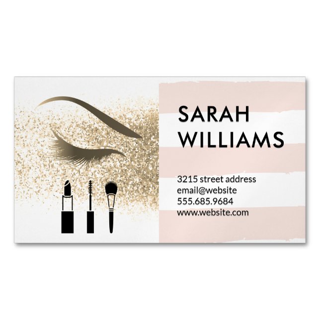 Gold Glitter | Stripes | Eye Lash Beauty Business Card Magnet (Front)