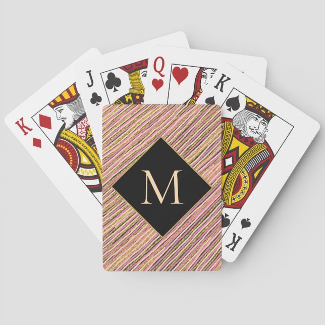 Gold Glitter Stripes Modern Monogram Poker Cards (Back)