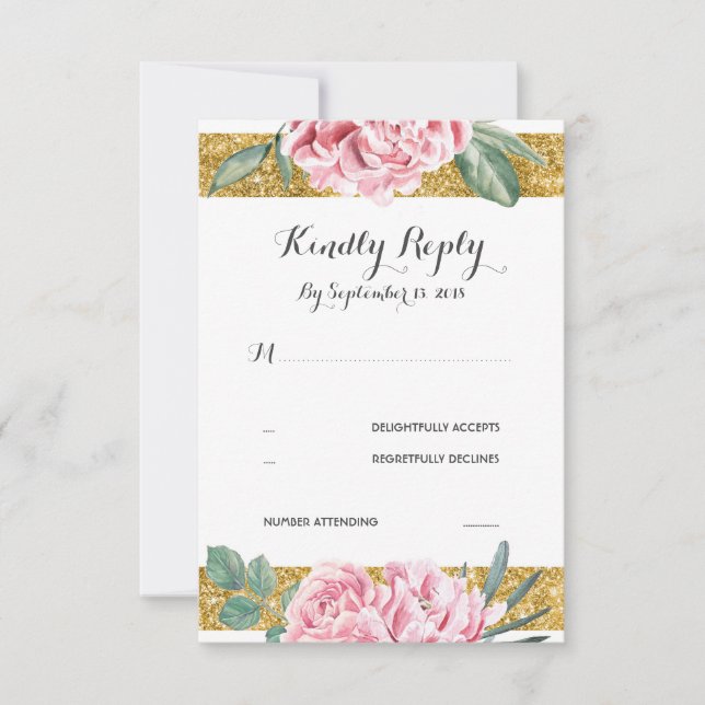 Gold Glitter Stripes Pink Floral Wedding RSVP (Front)