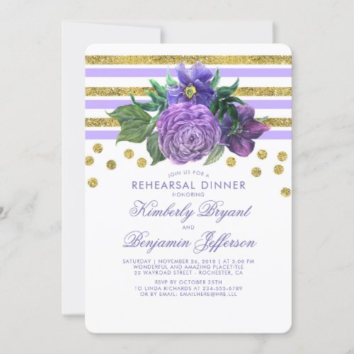Gold Glitter Stripes Purple Flowers Modern Dinner Invitation