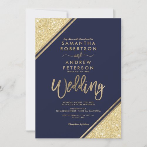 Gold glitter stripes stripes navy blue wedding invitation