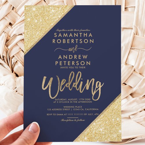 Gold glitter stripes typography navy blue wedding invitation