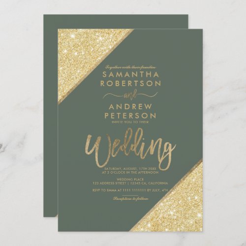 Gold glitter stripes typography sage green wedding invitation