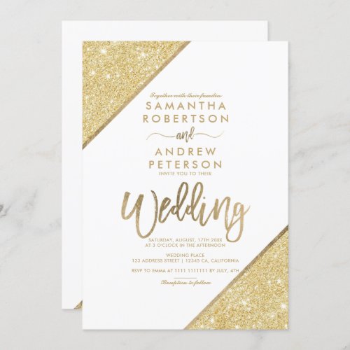 Gold glitter stripes typography white wedding invitation