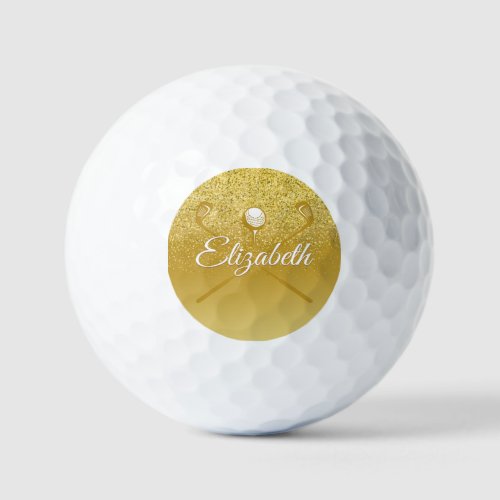 Gold Glitter Stylish Script Name Golf Balls
