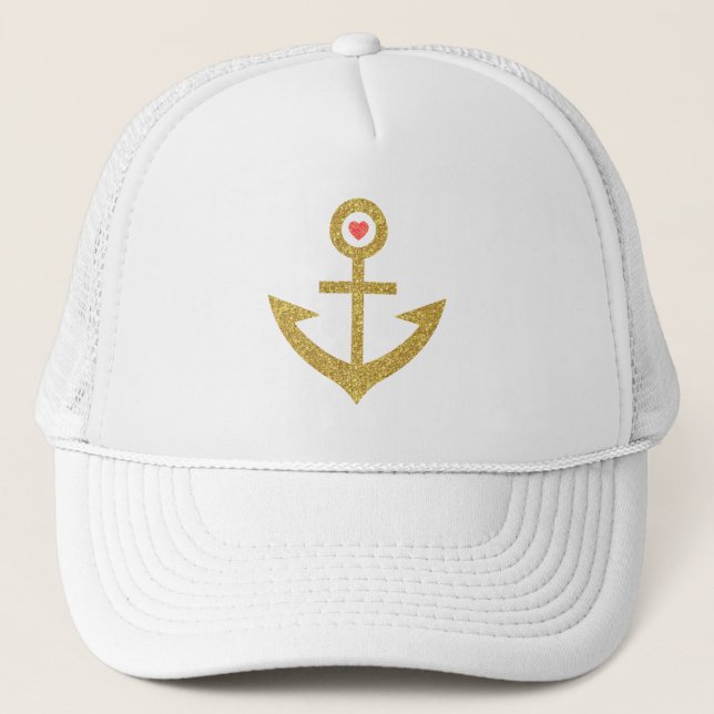 Gold Glitter Stylized Nautical Boat Anchor Trucker Hat (Front)