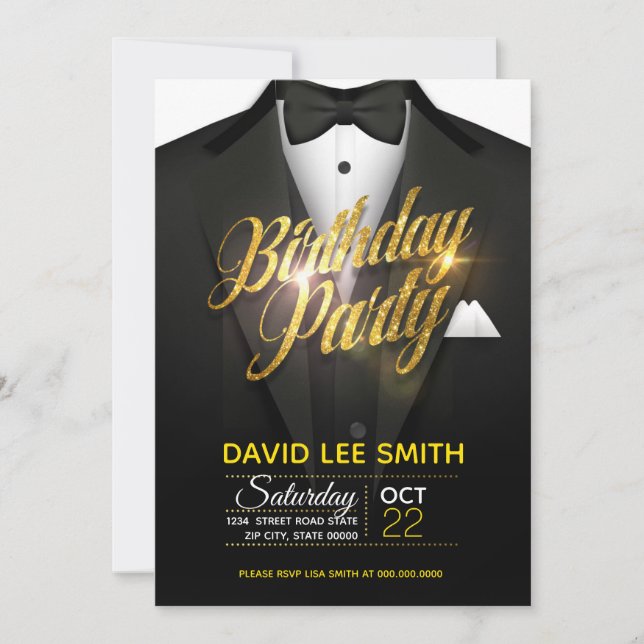 Gold Glitter Suit Birthday Party Invitation (Front)