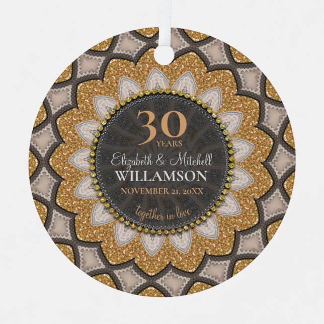 Gold Glitter Sunflower Geo-Mandala Anniversary  Metal Ornament (Front)