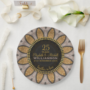 Gold Glitter Sunflower Modern Anniversary Paper Plates