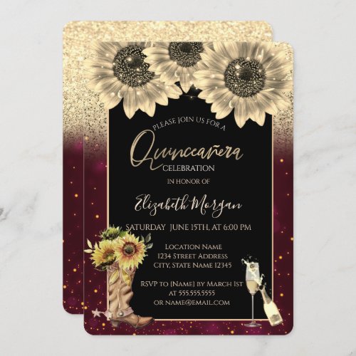 Gold Glitter SunflowersBurgundy Quinceanera  Invitation