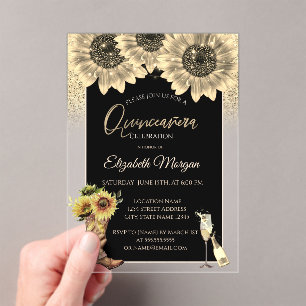 Gold Glitter Sunflowers, Rose Gold Quinceanera Acrylic Invitations