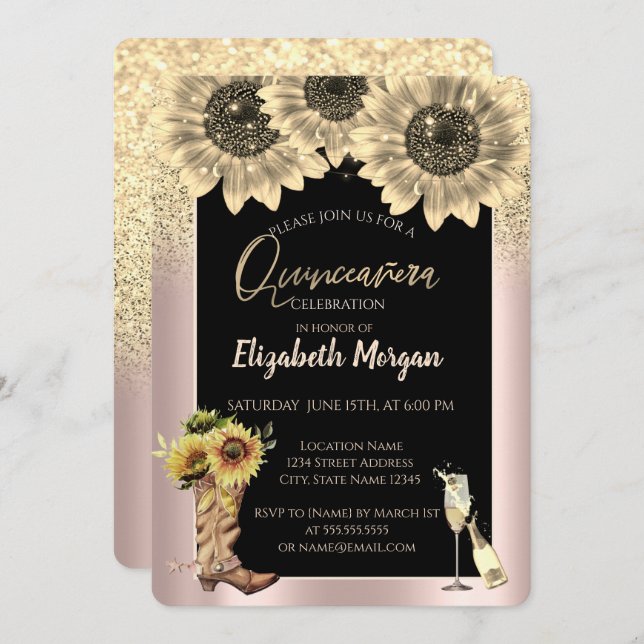 Gold Glitter Sunflowers,  Rose Gold Quinceanera Invitation (Front/Back)