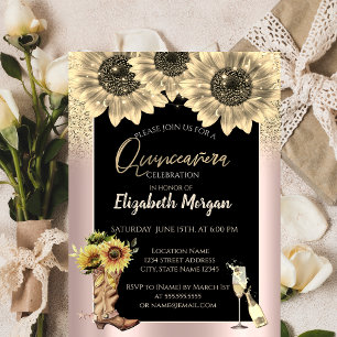 Gold Glitter Sunflowers, Rose Gold Quinceanera Invitation