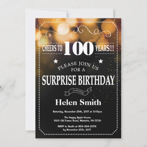 Gold Glitter Surprise 100th Birthday Invitation