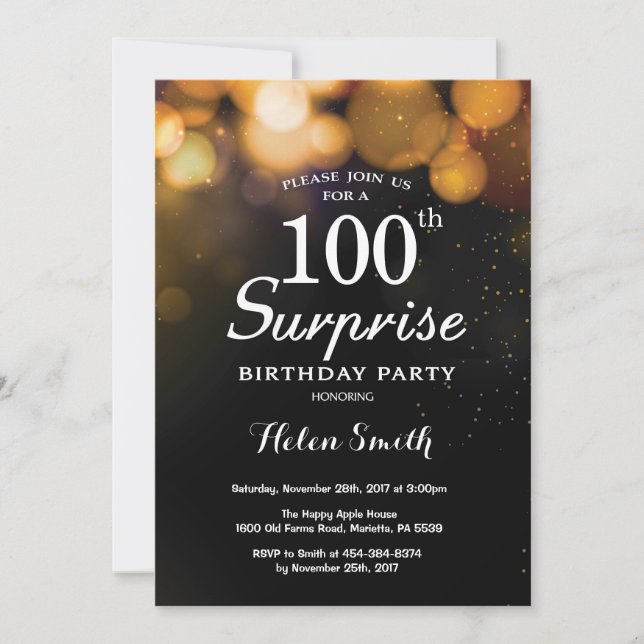 Gold Glitter Surprise 100th Birthday Invitation (Front)