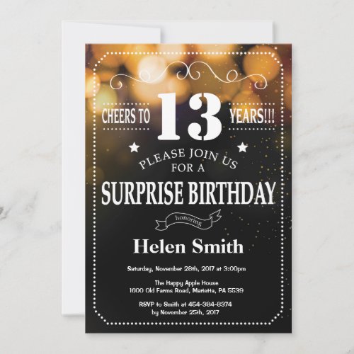 Gold Glitter Surprise 13th Birthday Invitation