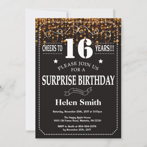 Gold Glitter Surprise 16th Birthday Invitation
