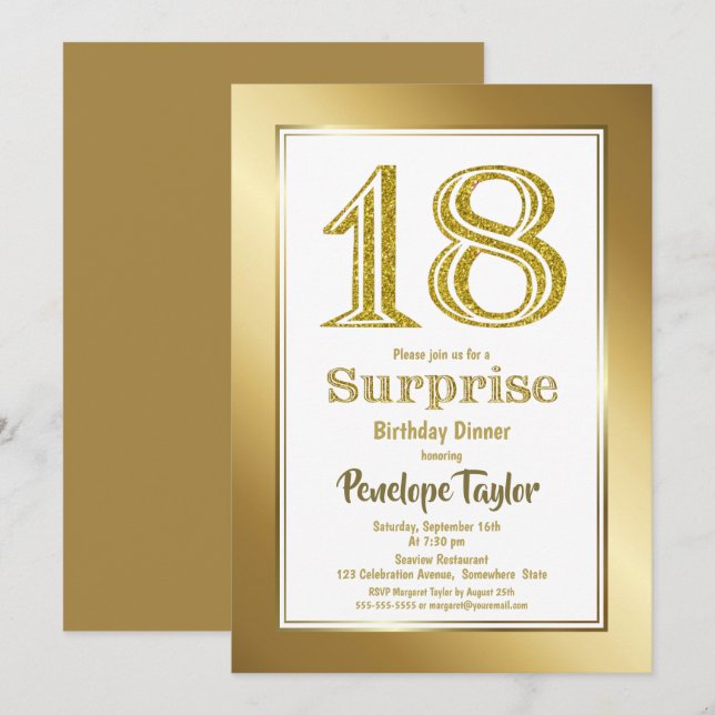 Gold Glitter Surprise 18th Birthday Dinner Party Invitation (Front/Back)