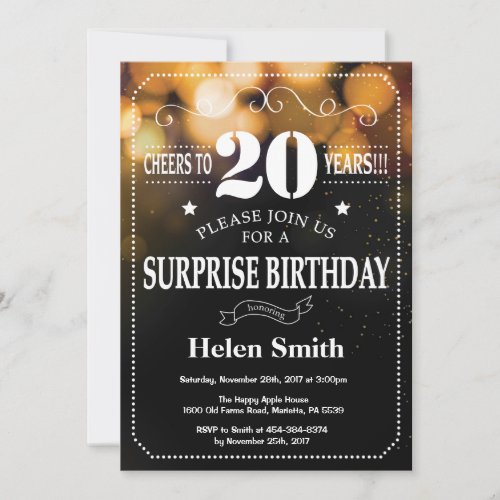 Gold Glitter Surprise 20th Birthday Invitation