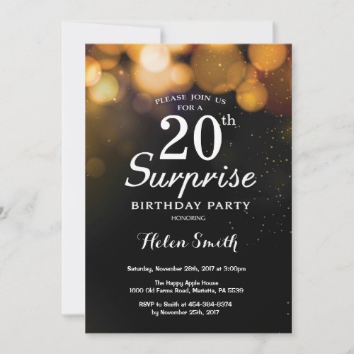 Gold Glitter Surprise 20th Birthday Invitation