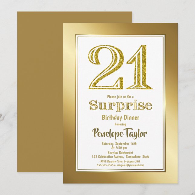 Gold Glitter Surprise 21st Birthday Dinner Party Invitation (Front/Back)