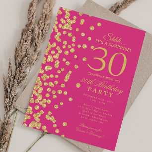 Gold Glitter Surprise 30th Birthday Hot Pink Invitation
