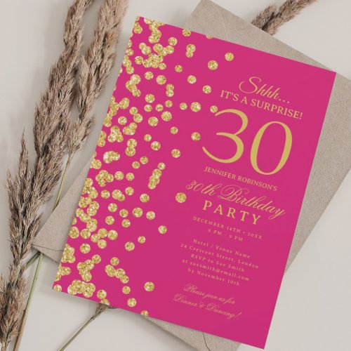 Gold Glitter Surprise 30th Birthday Hot Pink Invitation