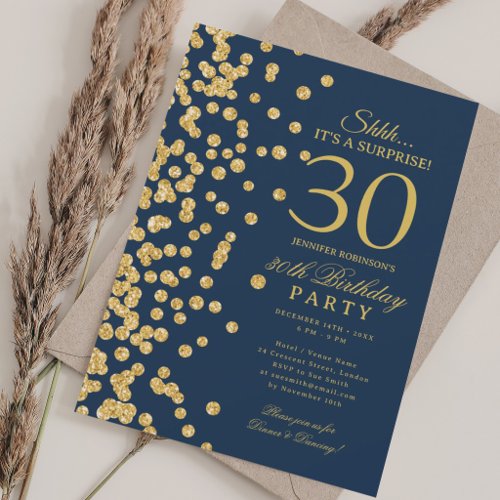 Gold Glitter Surprise 30th Birthday Navy Blue Invitation