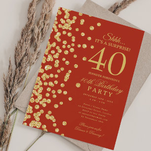 Gold Glitter Surprise 40th Birthday Party Red Invitation