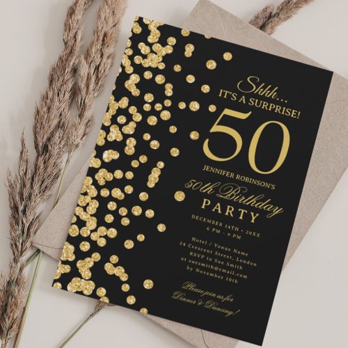 Gold Glitter Surprise 50th Birthday Black Invitation