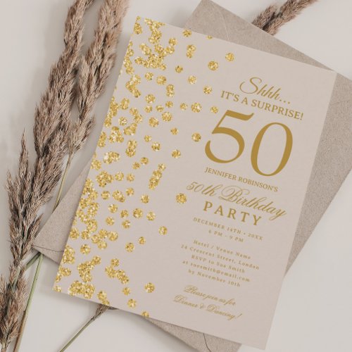 Gold Glitter Surprise 50th Birthday Champagne Invitation