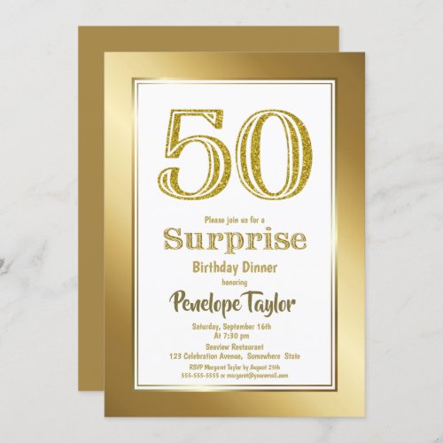 Gold Glitter Surprise 50th Birthday Dinner Party Invitation