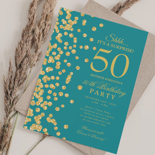 Gold Glitter Surprise 50th Birthday Party Teal Invitation