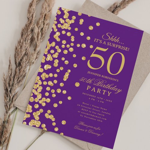 Gold Glitter Surprise 50th Birthday Purple  Invitation