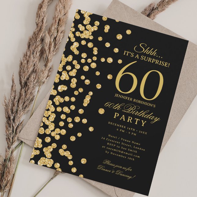  Gold Glitter Surprise 60th Birthday Black Invitation (Gold Glitter Surprise 60th Birthday Black Invitation)