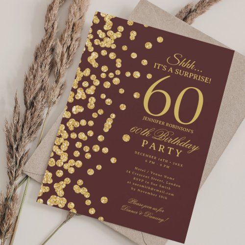 Gold Glitter Surprise 60th Birthday Burgundy  Invitation