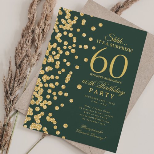 Gold Glitter Surprise 60th Birthday Party Green Invitation