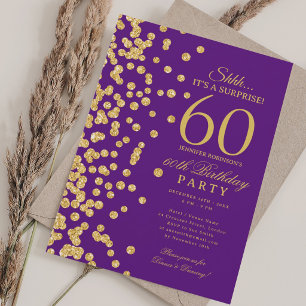 Gold Glitter Surprise 60th Birthday Party Purple  Invitation
