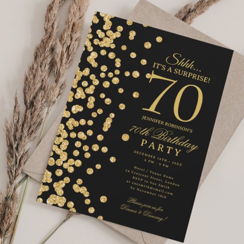 Gold Glitter Surprise 70th Birthday Black Invitation