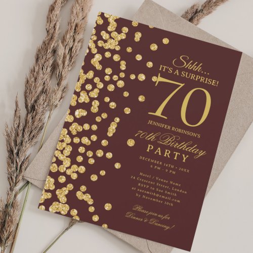 Gold Glitter Surprise 70th Birthday Burgundy  Invitation