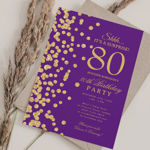 Gold Glitter Surprise 80th Birthday Party Purple Invitation