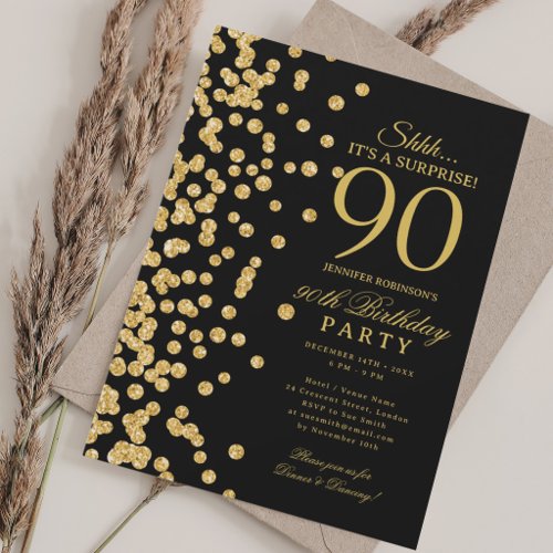 Gold Glitter Surprise 90th Birthday Black Invitation
