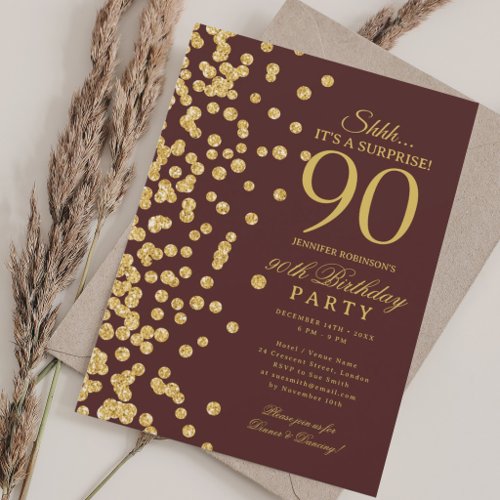 Gold Glitter Surprise 90th Birthday Burgundy  Invitation